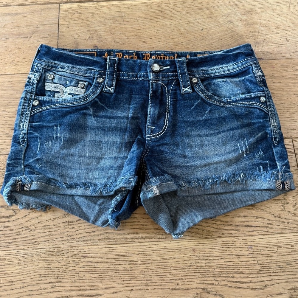 Rock Revival Betty Sequin Distressed Denim Shorts Blue Size 28 (1465)